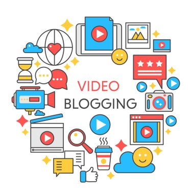 Video bloglamaya düz çizgi vektör konsept illüstrasyon. Poster, web için şablon.