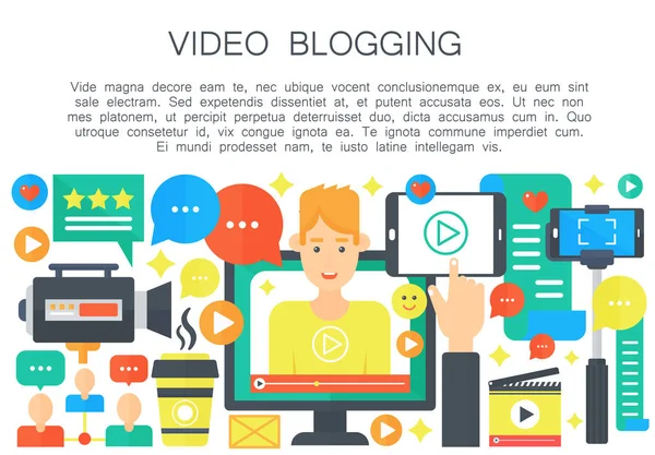 Blogger video karikatür düz kavramı. Erkek blogger ile bilgisayar ekranı. Kişisel Bloglama kanal yayın. Vektör web şablonu çizim.
