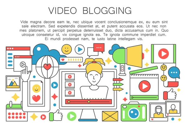 Blogger video düz çizgi kavramı. Kadın kadın blogger ile bilgisayar ekranı. Kişisel Bloglama kanal yayın. İnce anahattı kontur web şablonu vektör çizim.