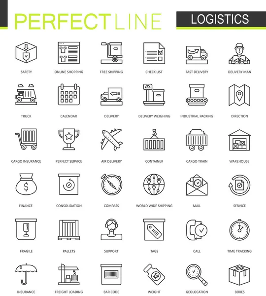 Logística conjunto de iconos web de línea delgada. Diseño de iconos de carrera de esquema de transporte . — Vector de stock