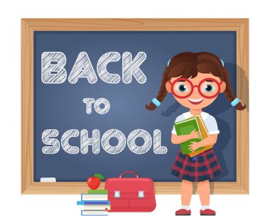 Okula dönüş. Kız öğrenci, kara tahta ve okul malzemeleri. Sevimli çizgi film öğrenci kız karakteri. Vektör çizim.