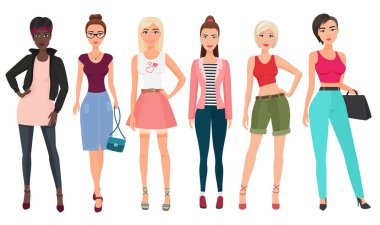 Güzel kadın kadın Beyaz Casual moda. Günlük elbise vektör çizim karikatür genç kız.