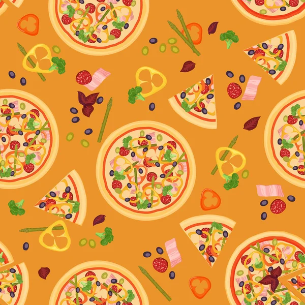 Pizza dilimleri vektör sorunsuz dokusuna çeşitli malzemelerle. — Stok Vektör