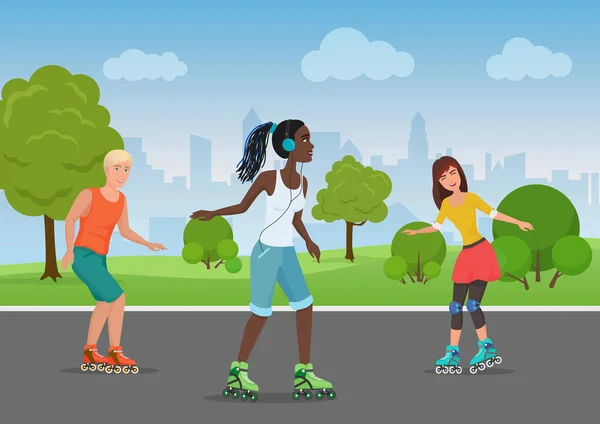 Illustration vectorielle de personnes heureuses en patins à roulettes dans le parc . — Image vectorielle