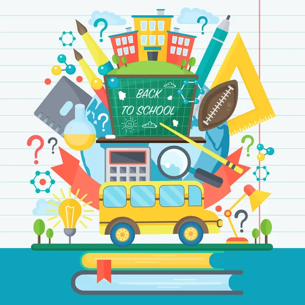 Banner Back To School con bus e icona piatta incastonata sulla lavagna. Illustrazione piatta vettoriale. Concetto di educazione scolastica. Illustrazione vettoriale . — Vettoriale Stock