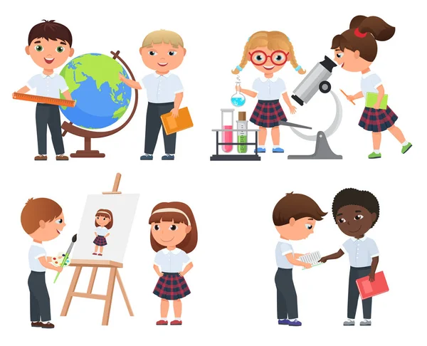 Schattig leerlingen jongens en meisjes. School kids vector illustratrion. — Stockvector