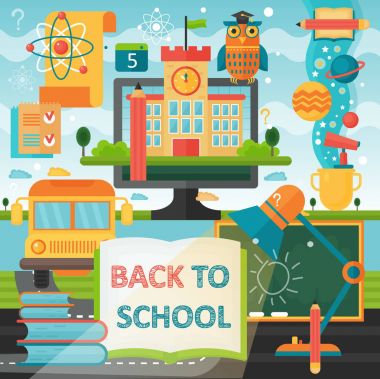 Geri okul eğitim afiş ile kitap, otobüs, lamba ve eğitim kutsal kişilerin resmi. Vektör düz çizim. Okul eğitim kavramı. Vektör çizim.