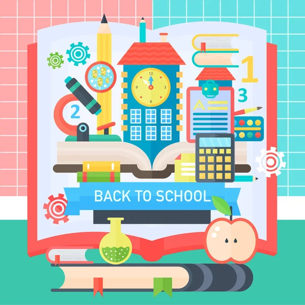 Banner Ritorno a Scuola con libro, icone dell'educazione e bulding scolastico. Illustrazione piatta vettoriale. Concetto di educazione scolastica. Illustrazione vettoriale . — Vettoriale Stock