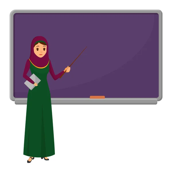 Muslim woman teacher standing in front of blackboard teaching student in classroom at school, college or university. Flat design arabian muslim female character in traditional clothes.