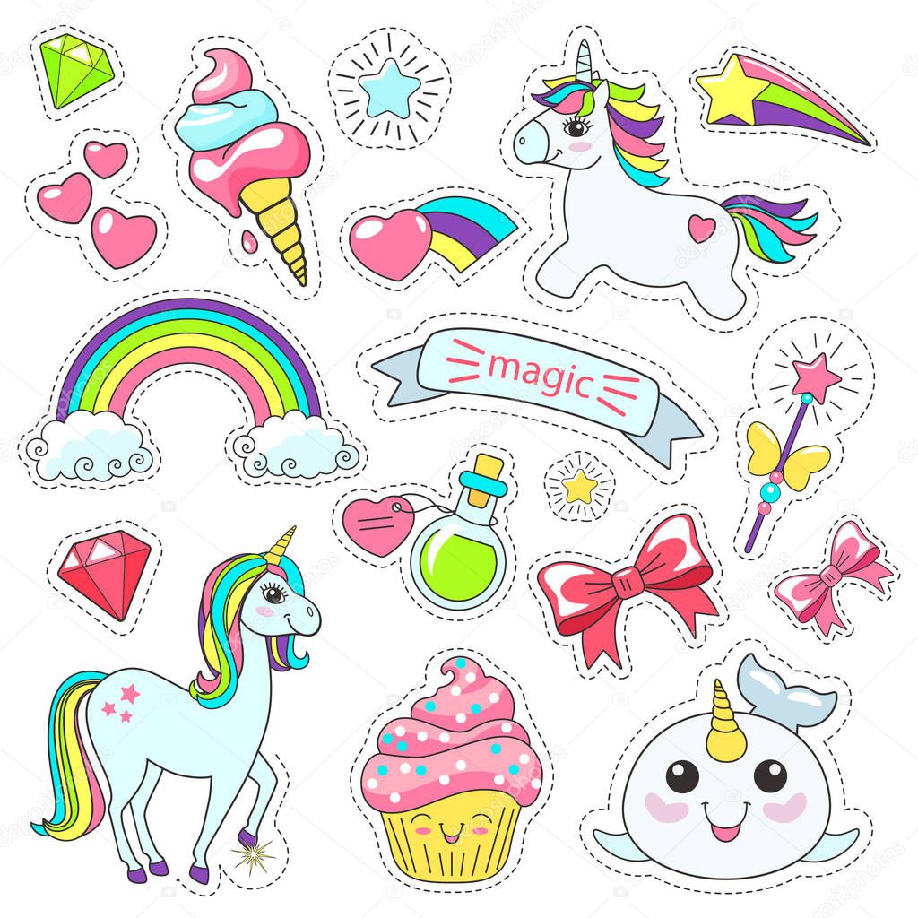 Magic cute unicorn, stars on the clouds poster, greeting card, vector illustration.