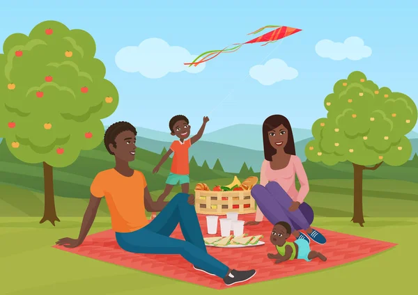 Boldog fiatal afrikai-amerikai család gyerek egy piknik. Apa, anya és fia pihen, a természetben. Vektor rajzfilm illusztráció. — Stock Vector
