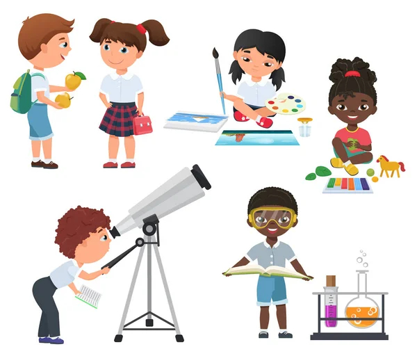 Lindo vector Pupilas actividad en el conjunto de la escuela. Pequeños niños de escuela conjunto . — Archivo Imágenes Vectoriales
