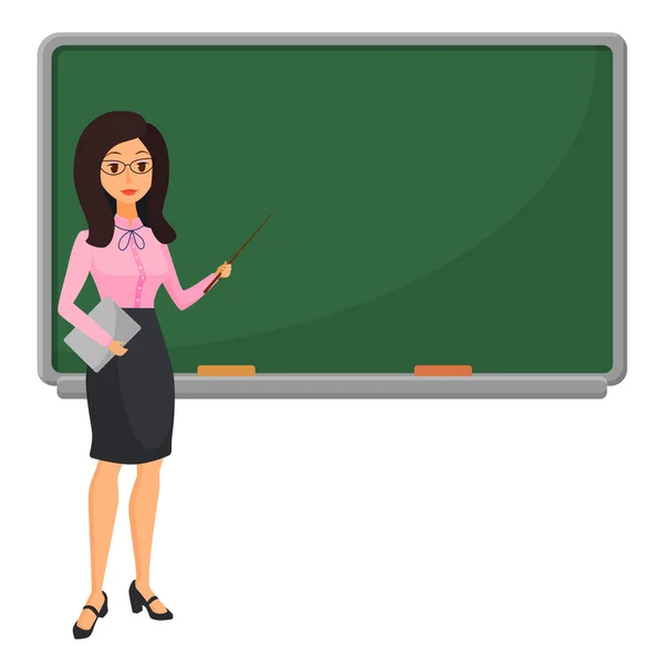 Ung kvinnlig lärare nära blackboard undervisning eleven i klassrummet på skola, högskola eller universitet. Platt design seriefiguren kvinna. — Stock vektor