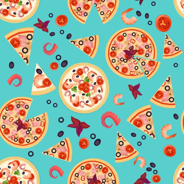 Texture Vector Seamless de Pizza Slices avec divers ingrédients . — Image vectorielle