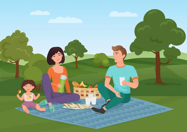 Ευτυχισμένος νεαρή οικογένεια με παιδί για ένα πικνίκ. Ο μπαμπάς, μαμά και κόρη ανάπαυση στη φύση. Καρτούν εικονογράφηση φορέα. — Διανυσματικό Αρχείο