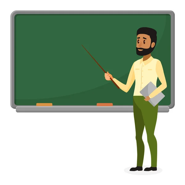 Joven profesor árabe con ropa moderna de pie cerca de la pizarra en el aula de la escuela, la universidad o la universidad. Diseño plano de dibujos animados brasileño o musulmán personaje masculino . — Vector de stock