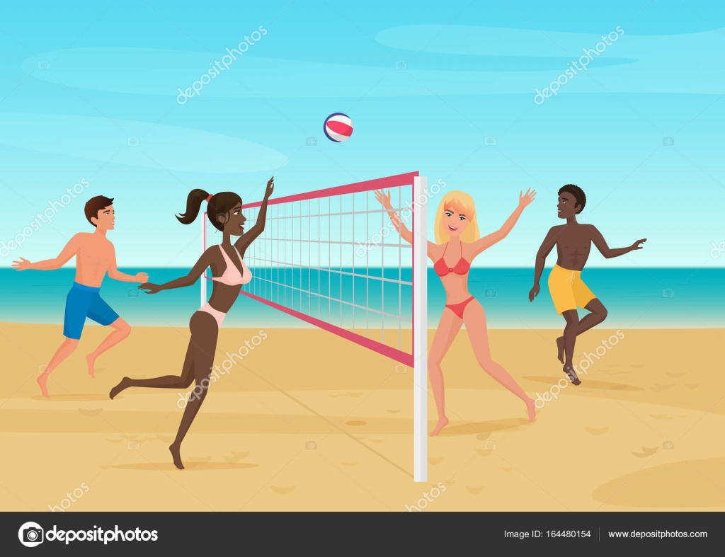 Imagem de pessoas jogando vôlei na praia.