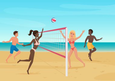 İnsanlar eğlenmek beach vektör çizim üzerinde voleybol oynarken. Active seabeach spor.