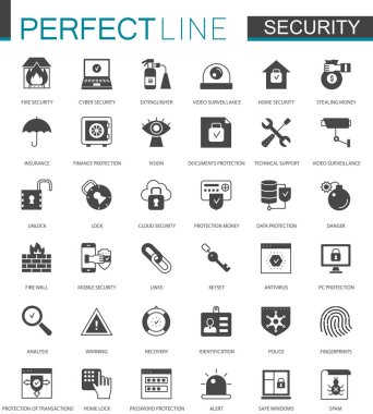 Siyah klasik güvenlik simgeleri ayarlayın. Koruma teknolojisi simgesi.