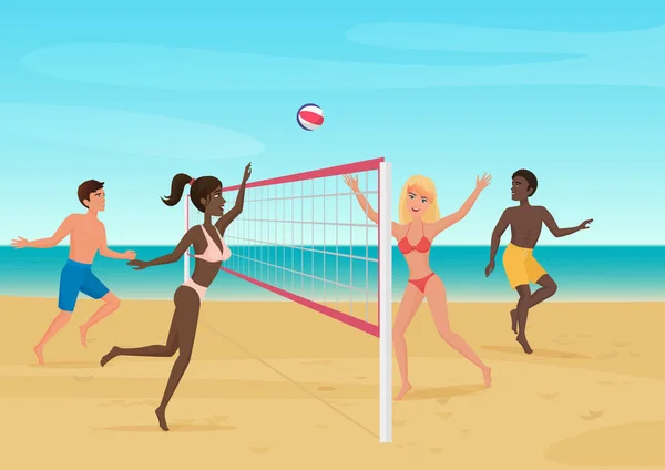 Mensen plezier volleyballen op het strand vectorillustratie. Actieve seabeach sport. — Stockvector