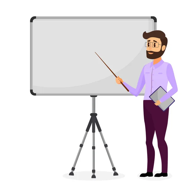 Bedrijfspresentatie. Succesvolle zakenman karakter maken van presentatie. Bedrijfskundige opleiding. Vectorillustratie cartoon plat. — Stockvector