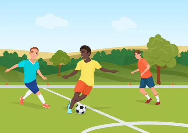 Люди играют в футбол на полевом стадионе. Векторная иллюстрация футболистов. — стоковый вектор
