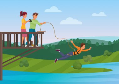 Arkadaşlar vektör çizim ile bungee jumping yaparken kadın. Bungee atlama. Aşırı spor.