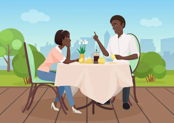 Američan Afričana muž a žena večeře v restauraci. Milovníci pár kreslené vektorové ilustrace. — Stockový vektor