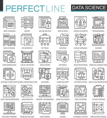 Data bilim teknoloji anahat mini kavramı sembolleri. İşlem modern kontur doğrusal stil illüstrasyonlar kümesini öğrenme makine. Mükemmel ince çizgi simgeler.
