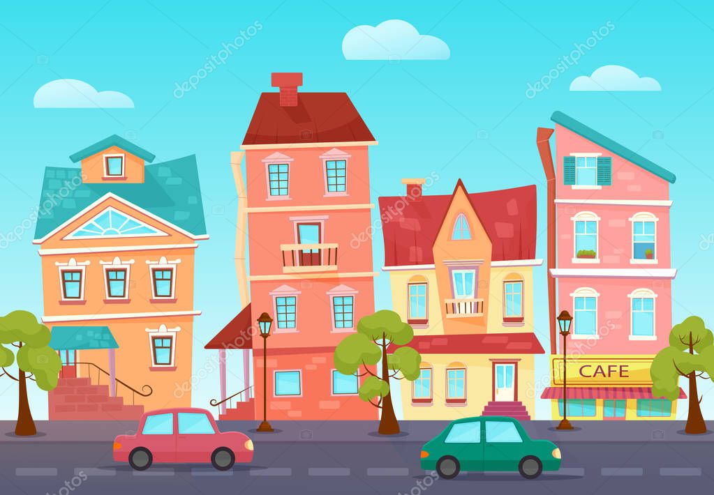 Vecteur dessin anim mignonne rue d une ville color e avec Vecteur dessin anim mignonne rue d une ville color e avec
