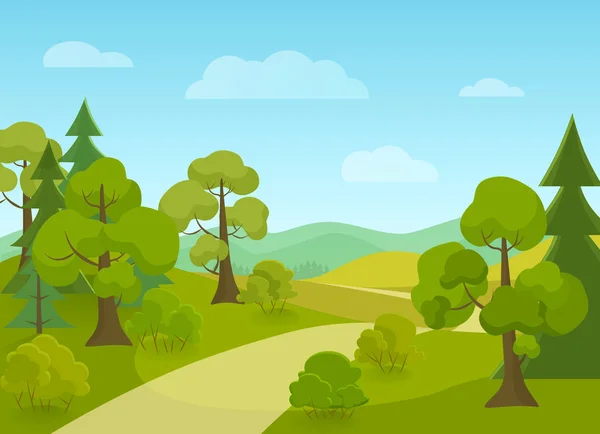 Paesaggio naturale con strada di paese e alberi. Illustrazione vettoriale cartone animato . — Vettoriale Stock