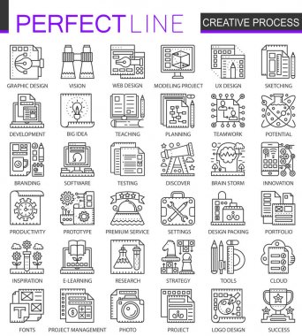 Yaratıcı süreç anahat mini kavramı sembolleri. Modern kontur doğrusal stil illüstrasyonlar ayarlayın. Mükemmel ince çizgi simgeler.