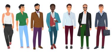 Vektör emin moda rahat kıyafetler beyaz arka plan üzerinde izole erkekte. Genç modern çocuklar.