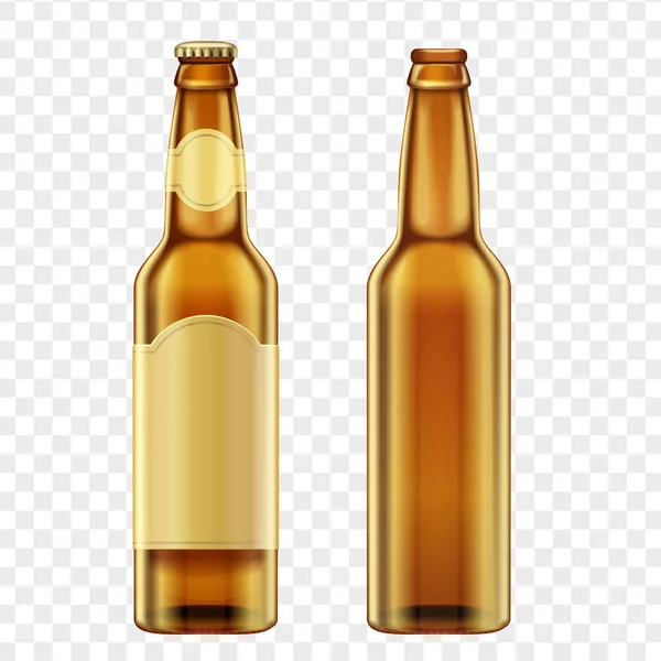 Realistische goldbraune Bierflaschen auf alpha transperantem Hintergrund. Vektorillustration. — Stockvektor