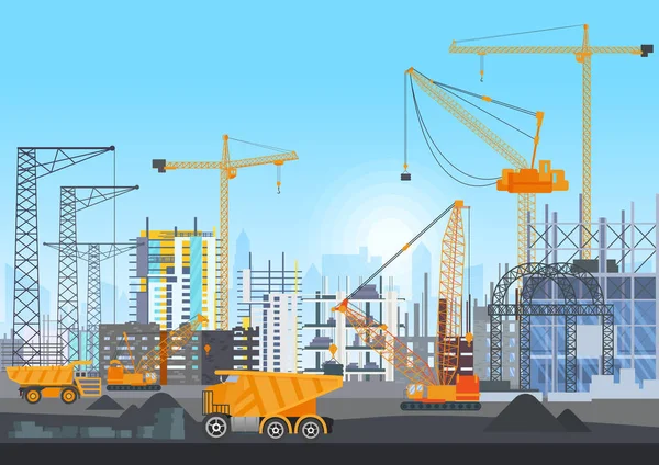 Construyendo ciudad en construcción sitio web con grúas torre. Proceso de construcción con casas y máquinas de construcción. Ilustración vectorial . — Vector de stock