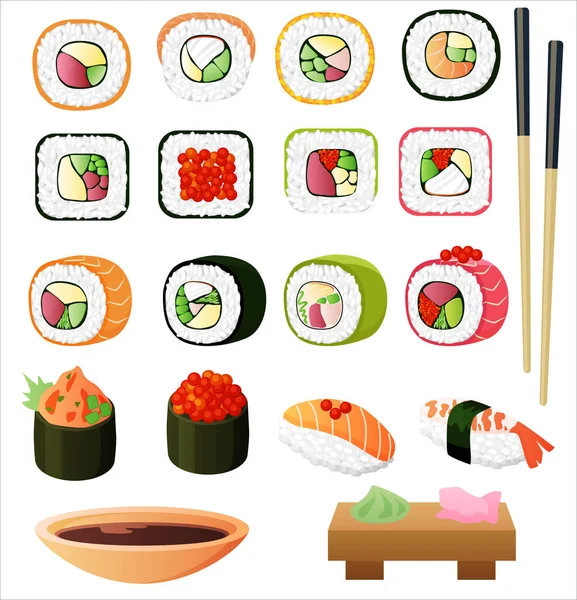 Sushi set se sojovou omáčkou a hůlky. Vektorové ilustrace. — Stockový vektor