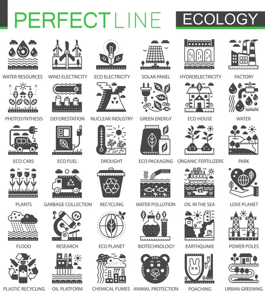 Tecnologia ecologia classico nero mini concept simboli. Eco energie rinnovabili icona moderna pittogramma vettoriale illustrazioni set . — Vettoriale Stock