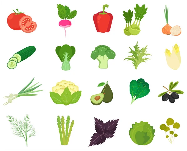 Verduras frescas y hierbas colorean iconos planos . — Archivo Imágenes Vectoriales