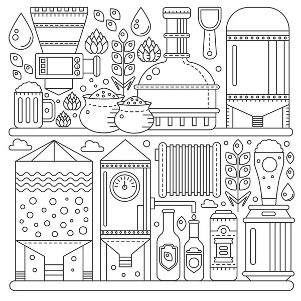 Bira bira üretim süreci. Satır fabrika bira arka plan. Anahat kontur doğrusal stil vektör çizim afiş.