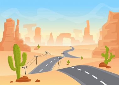 Teksas manzara çöl. Vektör karikatür çöl road, kaktüsler ve rock Dağları ile.