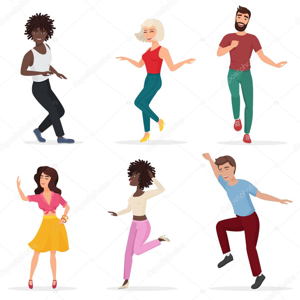 Dancing young people. Happy multi ethic men and women move to the music. Vector cartoon flat illustration.