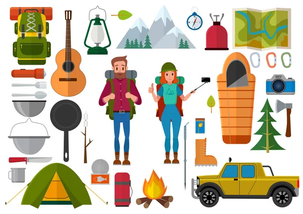 Vektör yürüyüş insanlar ve kamp öğelerin konumunu ayarlayın. Yaz arka plan ile kamp ekipmanları düz kutsal kişilerin resmi.