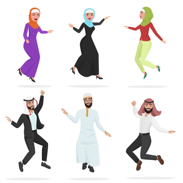 Grupo feliz de pessoas árabes bonitos pulando. Desenhos animados salto muçulmano homem e mulheres personagem vetor ilustração . —  Vetores de Stock