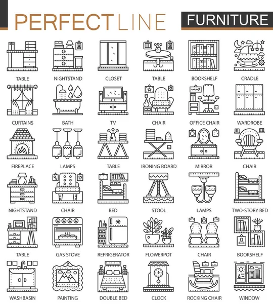 Möbel umreißen Mini-Konzeptsymbole. Inneneinrichtung moderne Striche linearen Stil Illustrationen gesetzt. Perfekte Symbole für dünne Linien. — Stockvektor