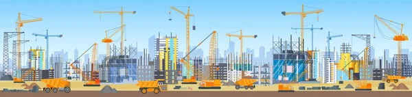Ampia bandiera principale del processo di costruzione dello skyline della città. Gru a torre in cantiere. Edifici in costruzione . — Vettoriale Stock