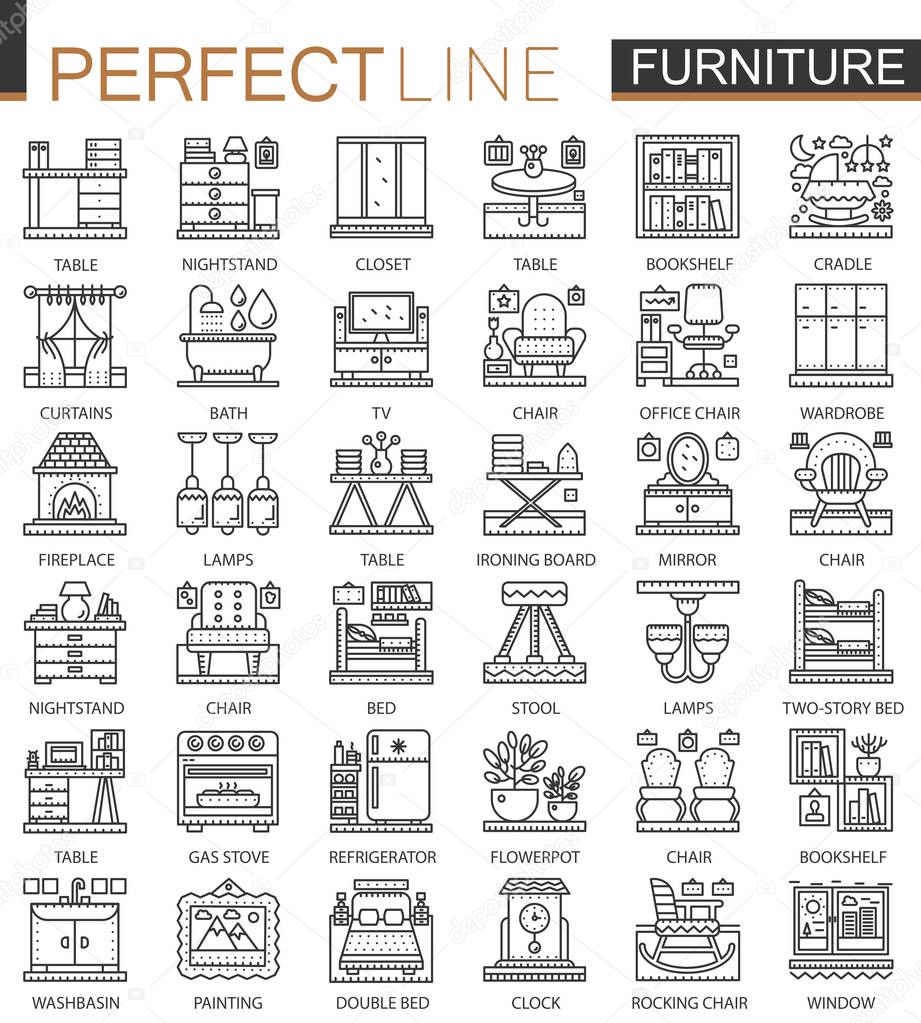 Furniture outline mini concept symbols. Interior furniture modern stroke linear style illustrations set. Perfect thin line icons.