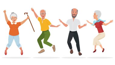 Yaşlı grup insan birlikte. Aktif ve mutlu eski kıdemli atlama. Çizgi film vektör çizim.