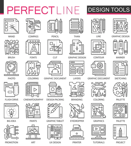 Strumenti di progettazione delineano mini simboli di concetto. Strumenti di interfaccia grafica moderno tratto lineare stile illustrazioni set. Icone linea sottile perfetta . — Vettoriale Stock