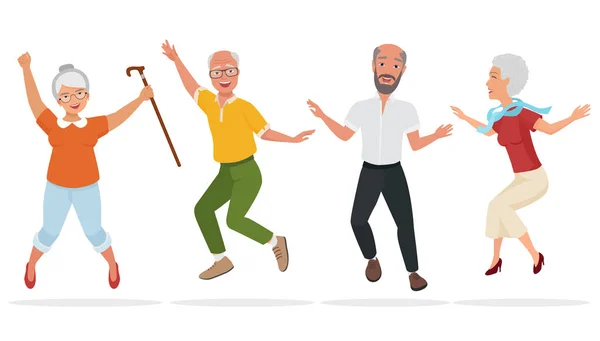 Grupo de ancianos juntos. Viejo salto activo y feliz. Dibujos animados vector ilustración . — Vector de stock