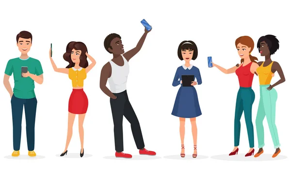 Lidé s miniaplikacemi, takže selfie. Kluci a holky, komunikace prostřednictvím telefonu a tablety. Kreslené vektorové ilustrace. — Stockový vektor